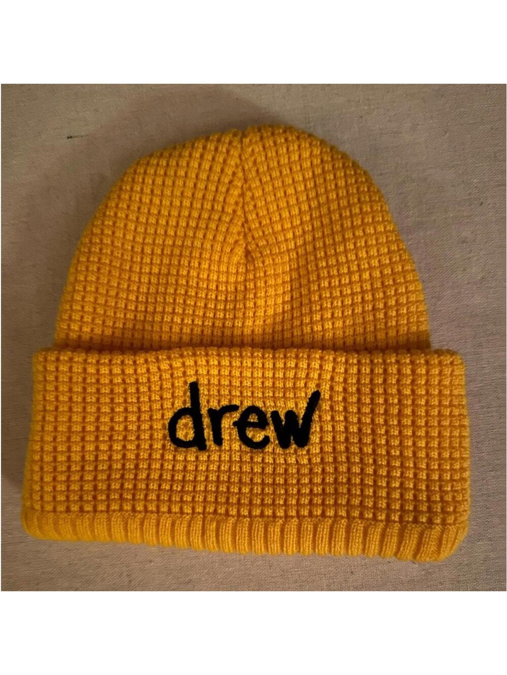 drewhouse yellow waffle beanie hat with scribble drew logo NWOT